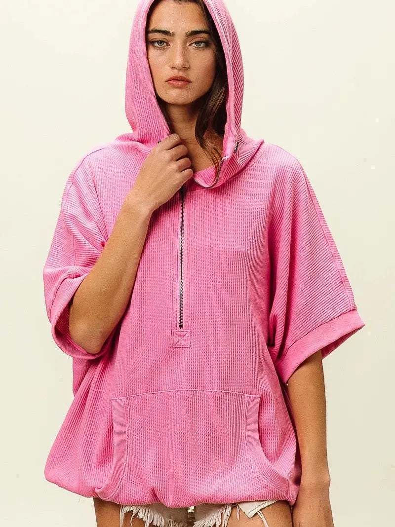 BiBi Blush & Chill Waffle Vintage Washed Waffle Thermal Hoodie-Women's Shirts & Tops-Shop Z & Joxa