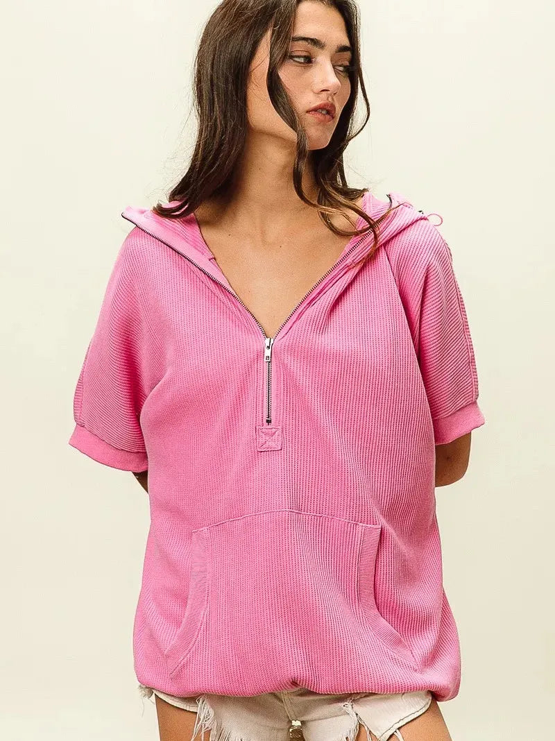 BiBi Blush & Chill Waffle Vintage Washed Waffle Thermal Hoodie-Women's Shirts & Tops-Shop Z & Joxa