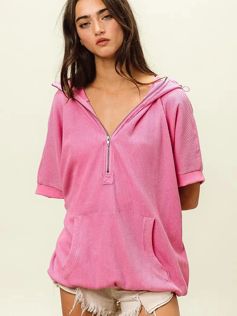 BiBi Blush & Chill Waffle Vintage Washed Waffle Thermal Hoodie-Women's Shirts & Tops-Shop Z & Joxa