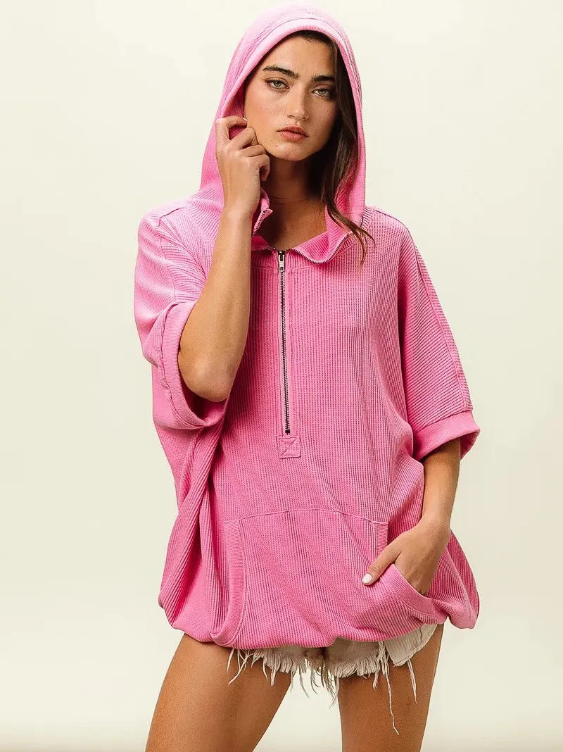 BiBi Blush & Chill Waffle Vintage Washed Waffle Thermal Hoodie-Women's Shirts & Tops-Shop Z & Joxa