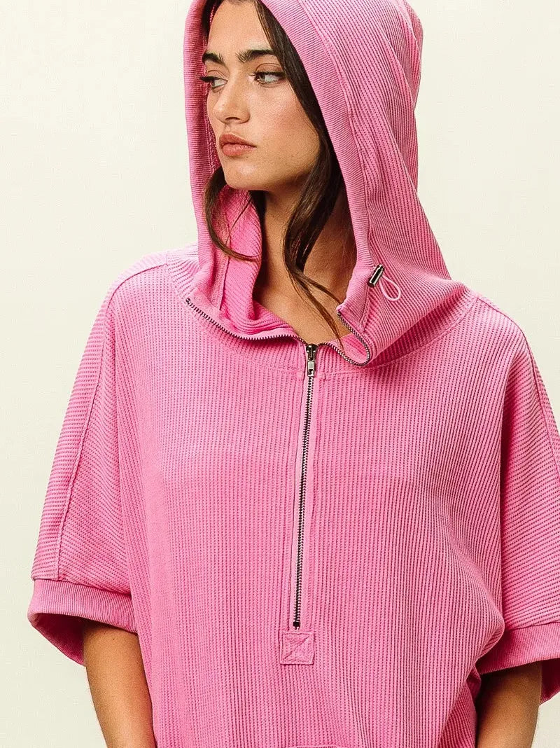 BiBi Blush & Chill Waffle Vintage Washed Waffle Thermal Hoodie-Women's Shirts & Tops-Shop Z & Joxa