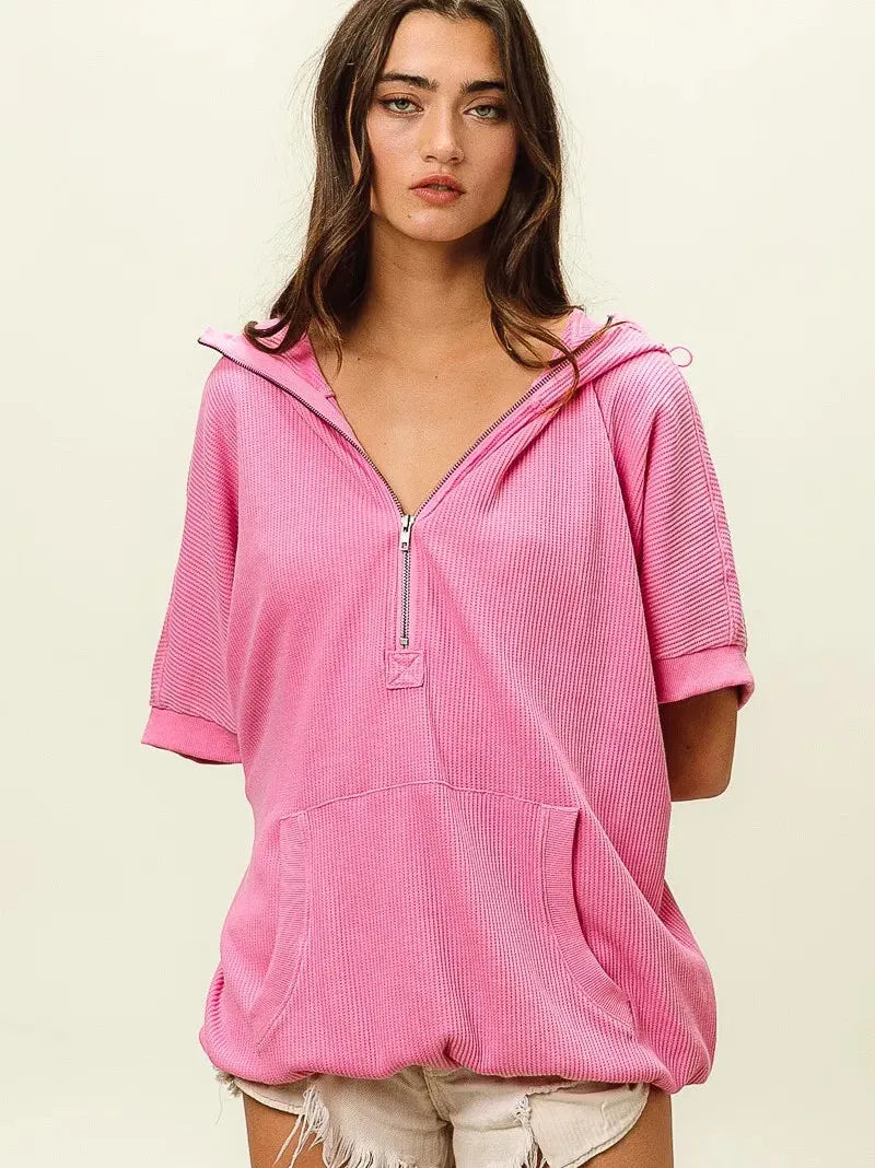 BiBi Blush & Chill Waffle Vintage Washed Waffle Thermal Hoodie-Women's Shirts & Tops-Shop Z & Joxa