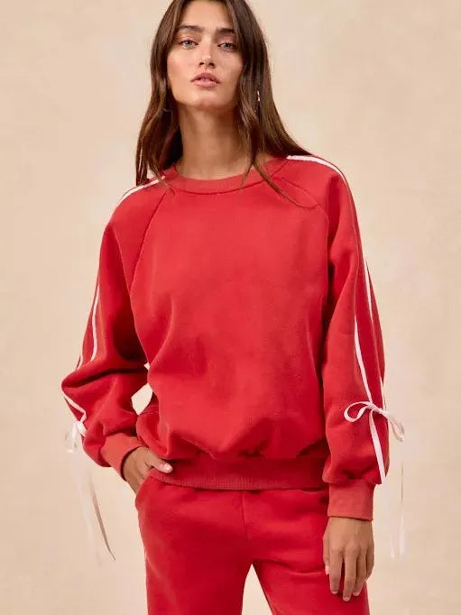 BiBi Bowside Beauty Side Lined Bow Sleeves Fleece Sweatshirt-Women's Shirts & Tops-Shop Z & Joxa