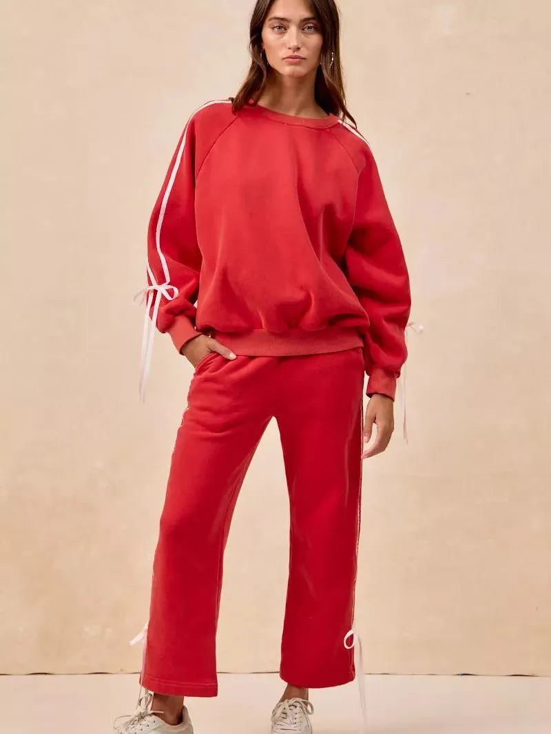 BiBi Bowside Beauty Side Lined Bow Sleeves Fleece Sweatshirt-Women's Shirts & Tops-Shop Z & Joxa