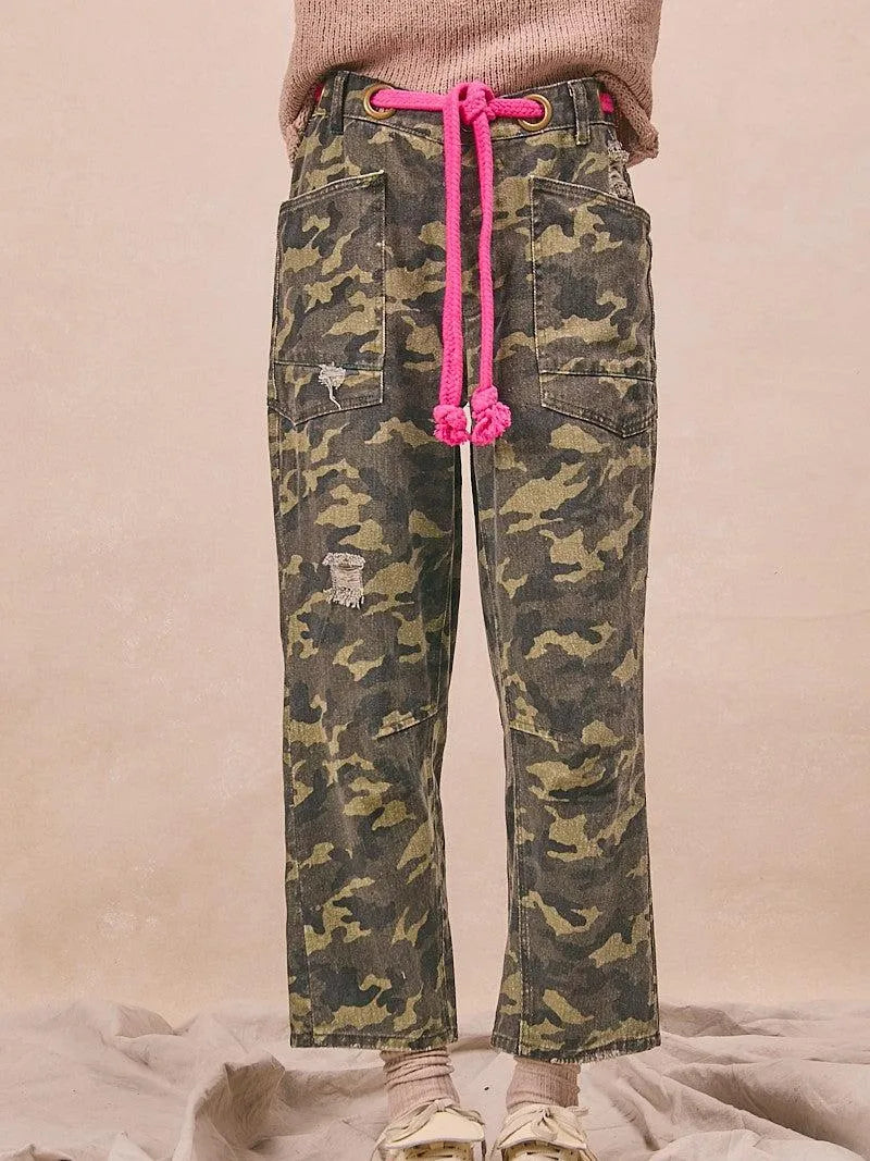 BiBi Camo Crush Braided Belt Patch Pockets Camo Print Pants-Women's Pants-Shop Z & Joxa