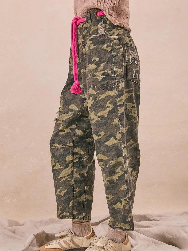 BiBi Camo Crush Braided Belt Patch Pockets Camo Print Pants-Women's Pants-Shop Z & Joxa