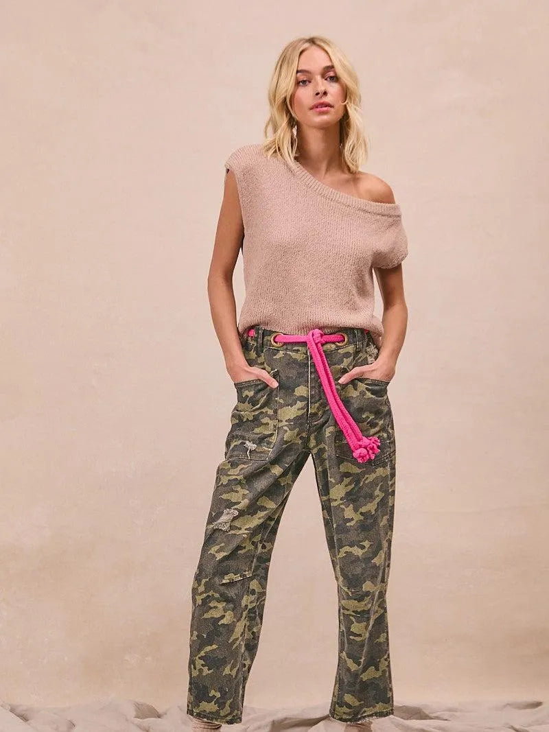 BiBi Camo Crush Braided Belt Patch Pockets Camo Print Pants-Women's Pants-Shop Z & Joxa