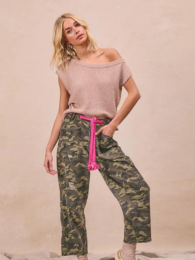 BiBi Camo Crush Braided Belt Patch Pockets Camo Print Pants-Women's Pants-Shop Z & Joxa