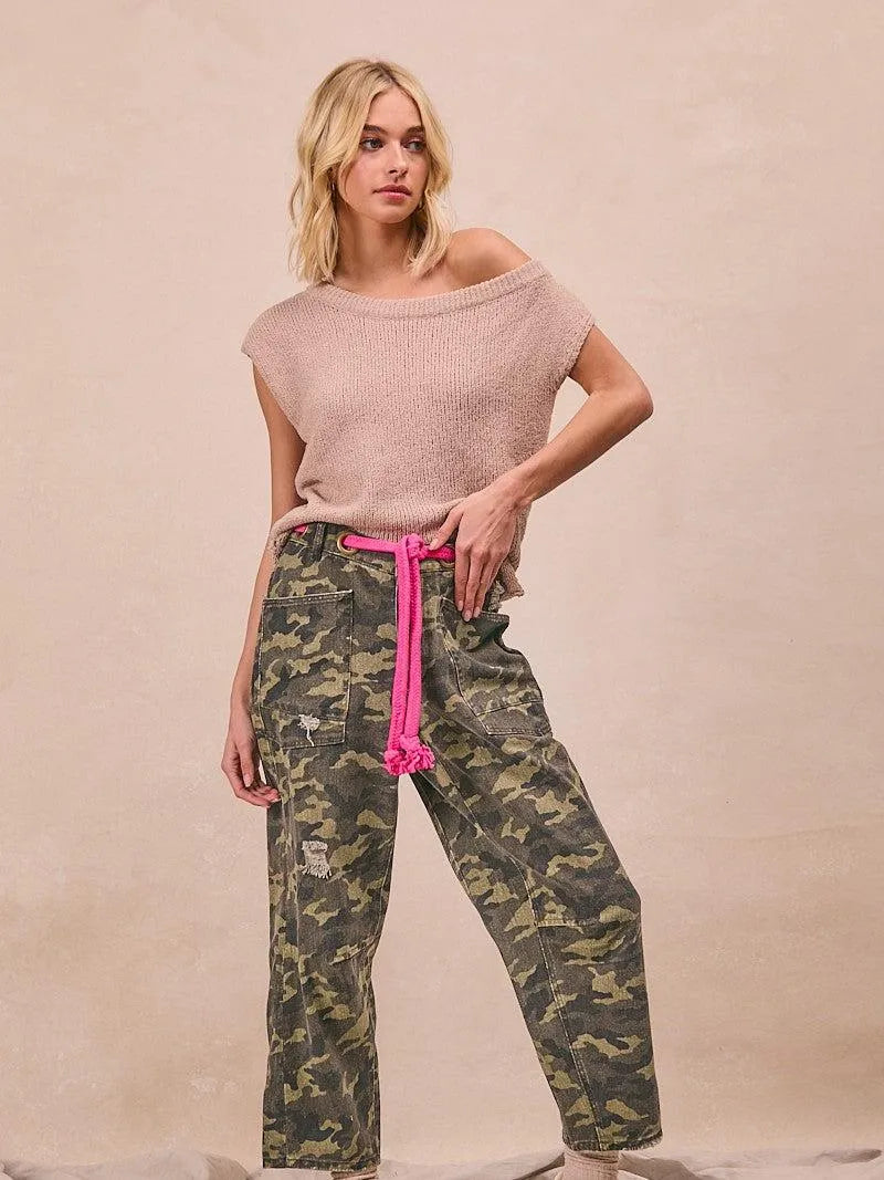 BiBi Camo Crush Braided Belt Patch Pockets Camo Print Pants-Women's Pants-Shop Z & Joxa