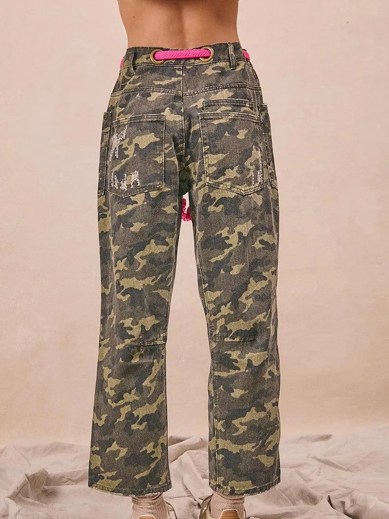 BiBi Camo Crush Braided Belt Patch Pockets Camo Print Pants-Women's Pants-Shop Z & Joxa