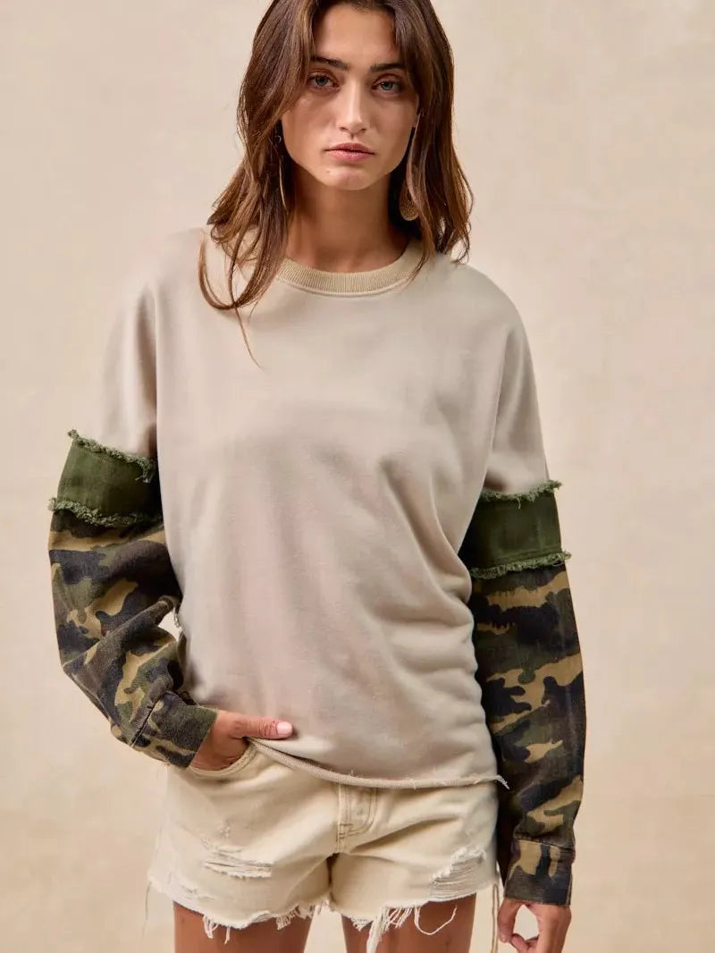 BiBi Camo Edge Camo Sleeve French Terry Frayed Edge Top-Women's Shirts & Tops-Shop Z & Joxa