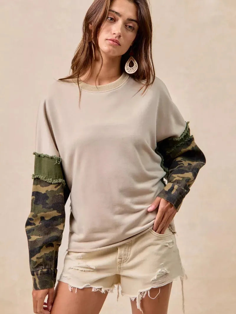 BiBi Camo Edge Camo Sleeve French Terry Frayed Edge Top-Women's Shirts & Tops-Shop Z & Joxa