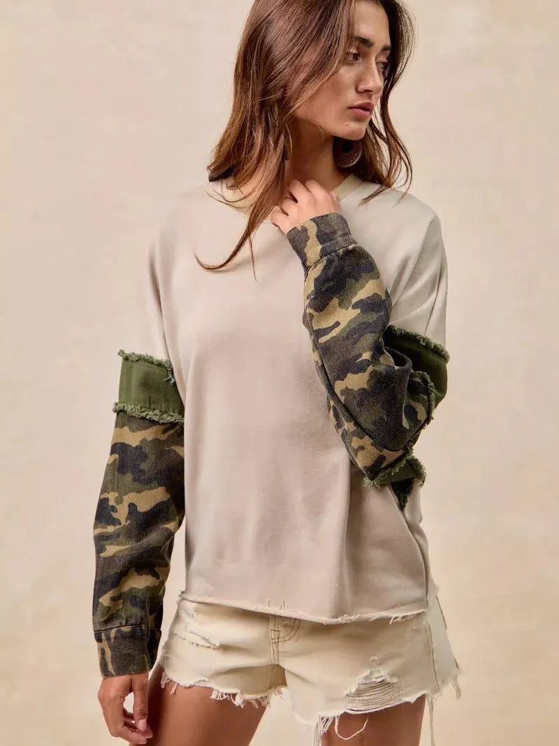 BiBi Camo Edge Camo Sleeve French Terry Frayed Edge Top-Women's Shirts & Tops-Shop Z & Joxa