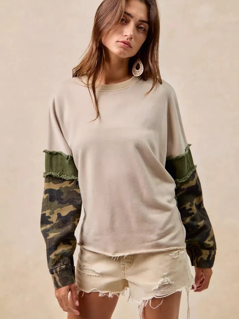 BiBi Camo Edge Camo Sleeve French Terry Frayed Edge Top-Women's Shirts & Tops-Shop Z & Joxa