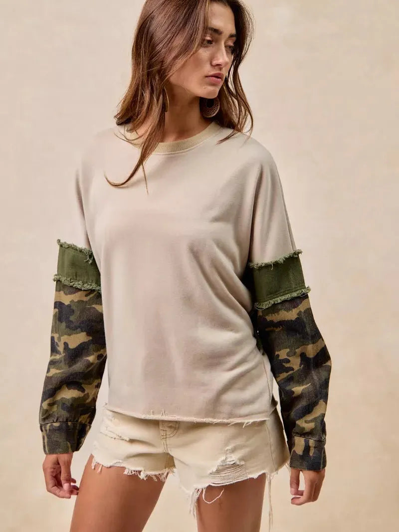 BiBi Camo Edge Camo Sleeve French Terry Frayed Edge Top-Women's Shirts & Tops-Shop Z & Joxa