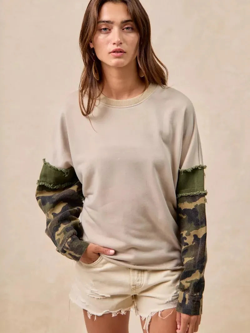 BiBi Camo Edge Camo Sleeve French Terry Frayed Edge Top-Women's Shirts & Tops-Shop Z & Joxa