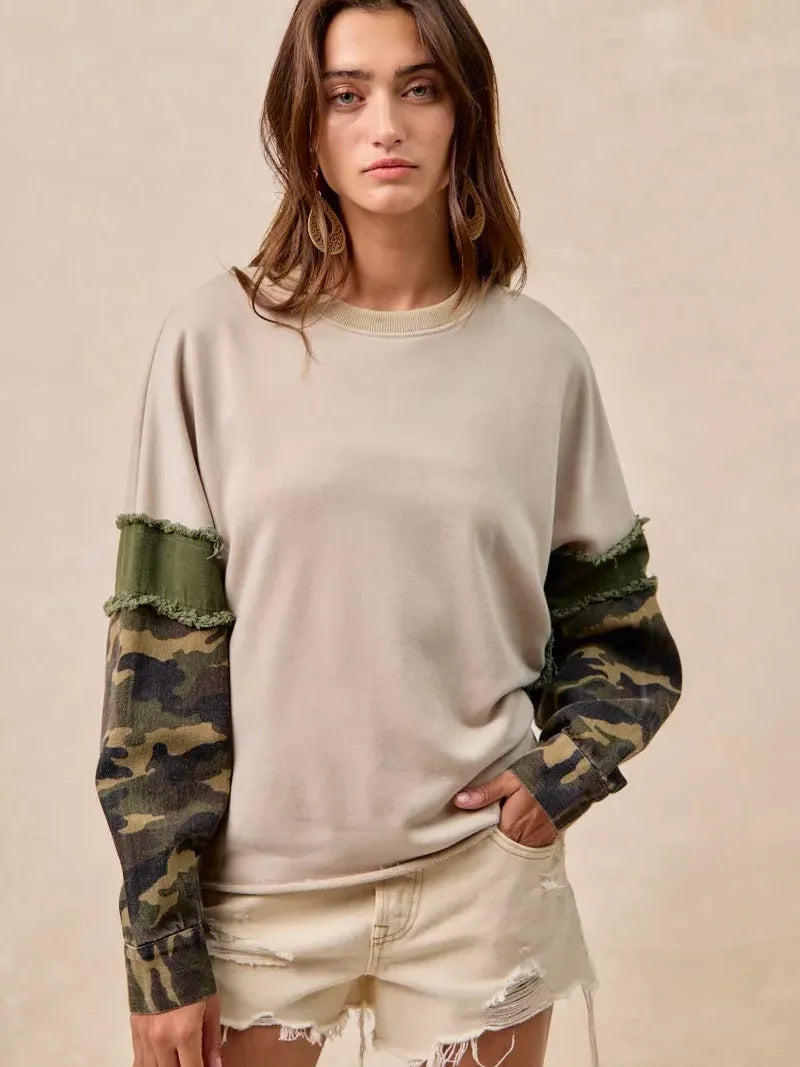 BiBi Camo Edge Camo Sleeve French Terry Frayed Edge Top-Women's Shirts & Tops-Shop Z & Joxa