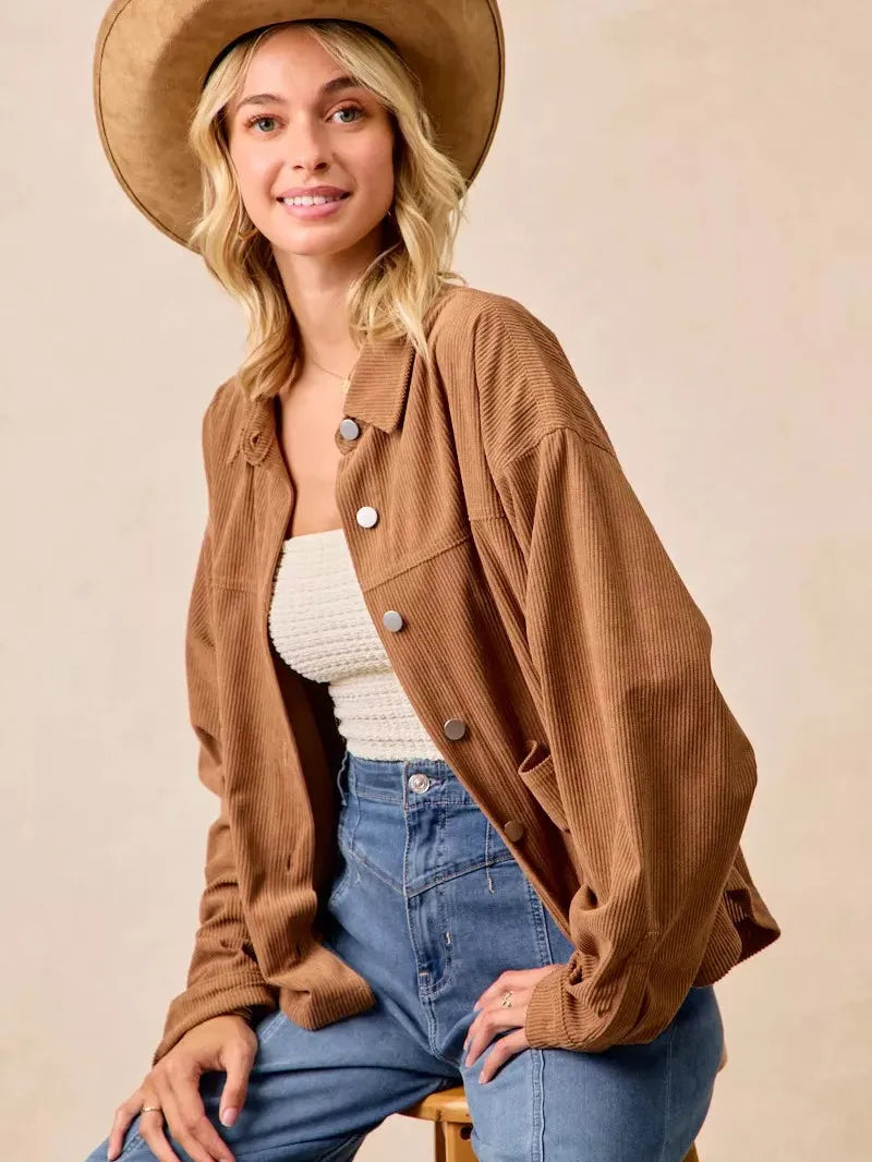 BiBi Caramel Crush Corduroy Shacket with Back Pleat-Coats & Jackets-Shop Z & Joxa