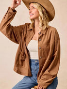 BiBi Caramel Crush Corduroy Shacket with Back Pleat-Coats & Jackets-Shop Z & Joxa