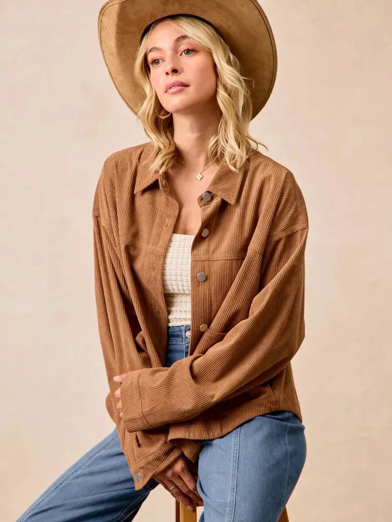 BiBi Caramel Crush Corduroy Shacket with Back Pleat-Coats & Jackets-Shop Z & Joxa