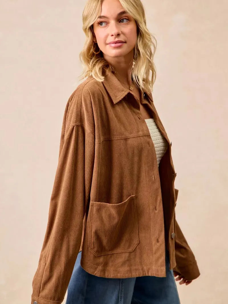 BiBi Caramel Crush Corduroy Shacket with Back Pleat-Coats & Jackets-Shop Z & Joxa