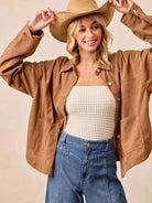 BiBi Caramel Crush Corduroy Shacket with Back Pleat-Coats & Jackets-Shop Z & Joxa