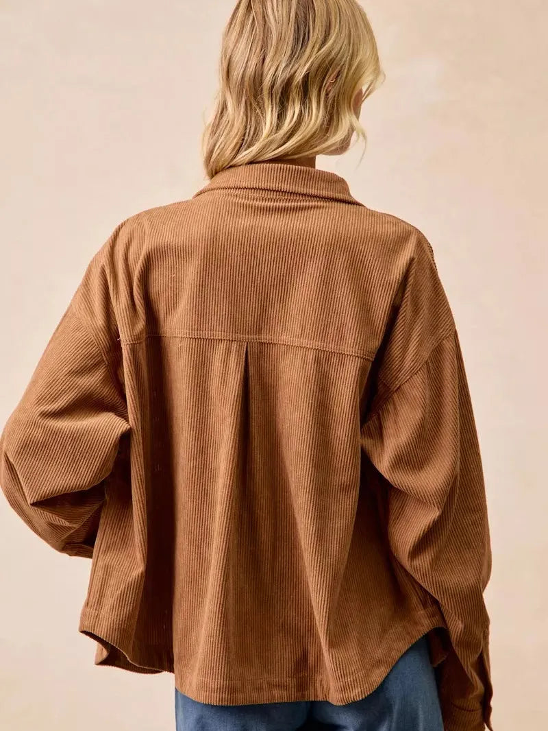 BiBi Caramel Crush Corduroy Shacket with Back Pleat-Coats & Jackets-Shop Z & Joxa