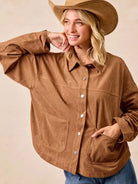 BiBi Caramel Crush Corduroy Shacket with Back Pleat-Coats & Jackets-Shop Z & Joxa