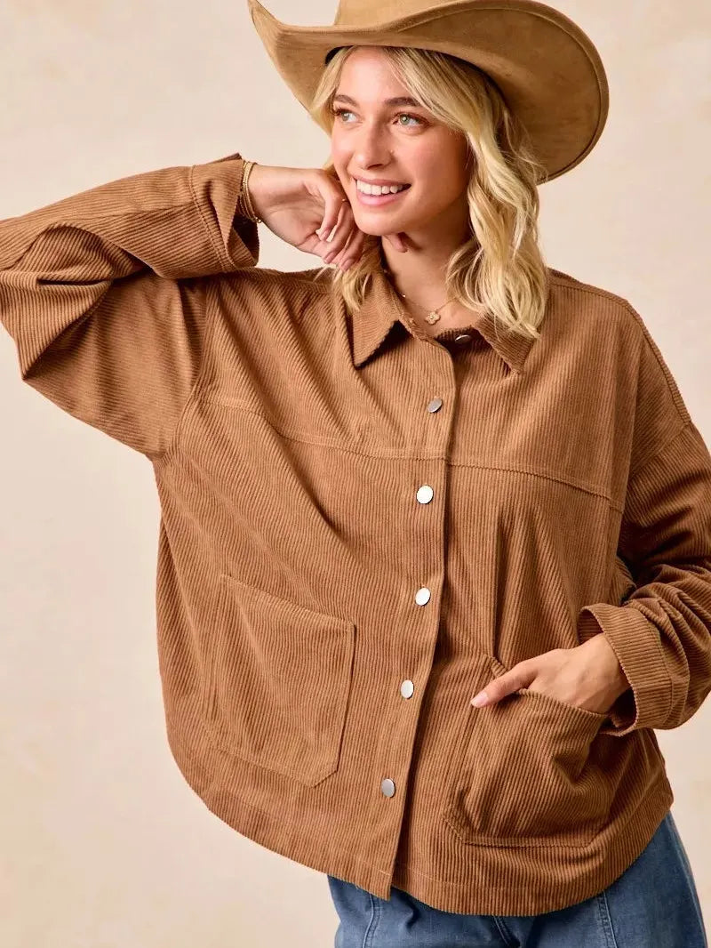 BiBi Caramel Crush Corduroy Shacket with Back Pleat-Coats & Jackets-Shop Z & Joxa