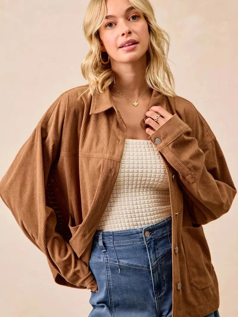BiBi Caramel Crush Corduroy Shacket with Back Pleat-Coats & Jackets-Shop Z & Joxa