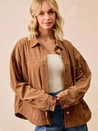 BiBi Caramel Crush Corduroy Shacket with Back Pleat-Coats & Jackets-Shop Z & Joxa