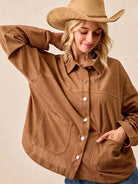 BiBi Caramel Crush Corduroy Shacket with Back Pleat-Coats & Jackets-Shop Z & Joxa