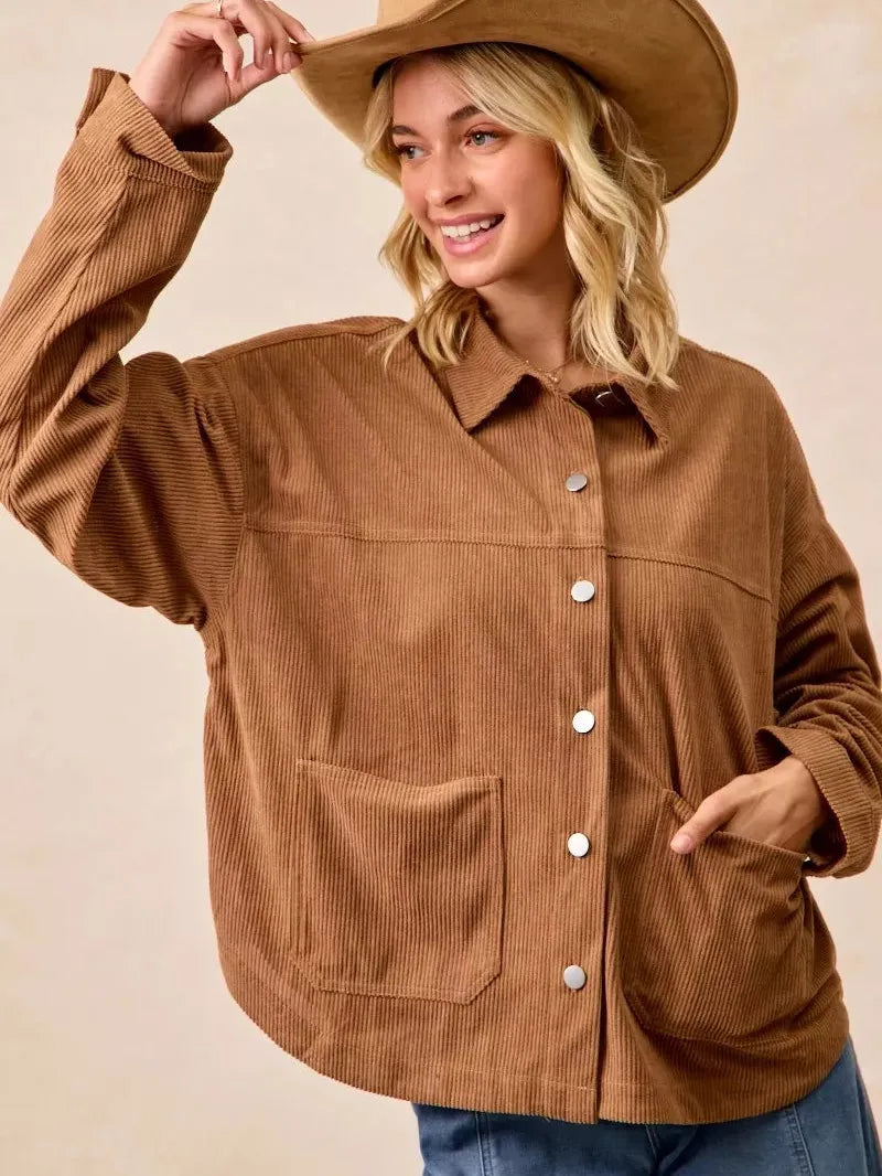 BiBi Caramel Crush Corduroy Shacket with Back Pleat-Coats & Jackets-Shop Z & Joxa
