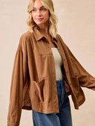 BiBi Caramel Crush Corduroy Shacket with Back Pleat-Coats & Jackets-Shop Z & Joxa