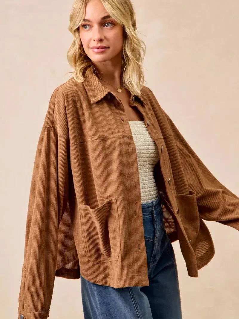 BiBi Caramel Crush Corduroy Shacket with Back Pleat-Coats & Jackets-Shop Z & Joxa