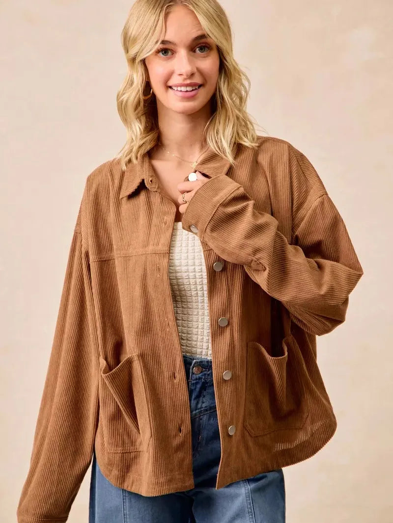 BiBi Caramel Crush Corduroy Shacket with Back Pleat-Coats & Jackets-Shop Z & Joxa