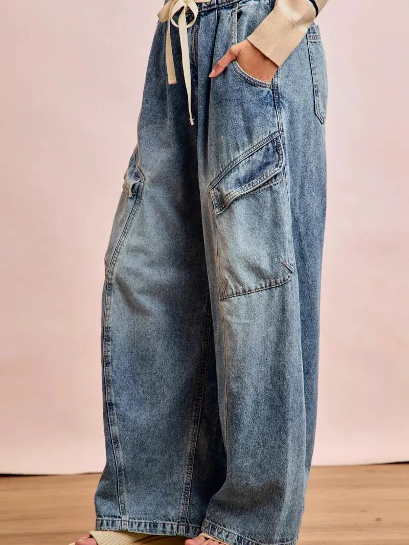BiBi Cargo Cutie Baggy Barrel Jeans With Cargo Pockets-Women's Pants-Shop Z & Joxa