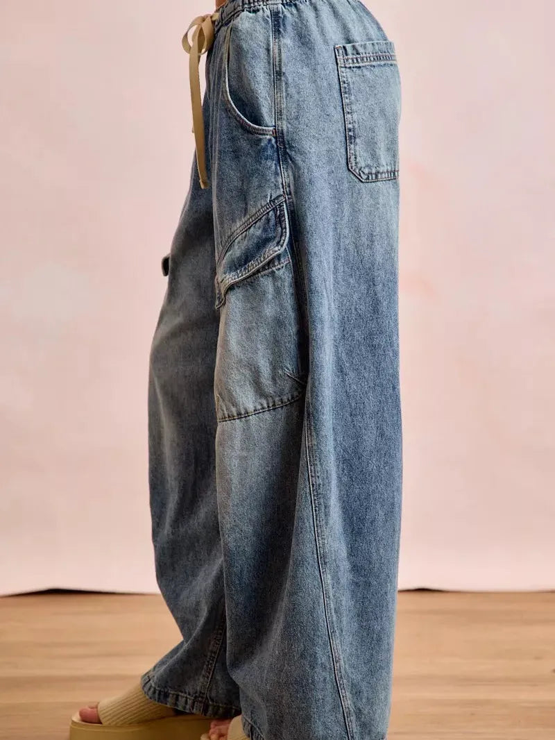 BiBi Cargo Cutie Baggy Barrel Jeans With Cargo Pockets-Women's Pants-Shop Z & Joxa