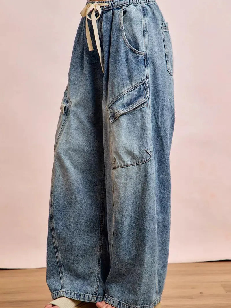 BiBi Cargo Cutie Baggy Barrel Jeans With Cargo Pockets-Women's Pants-Shop Z & Joxa