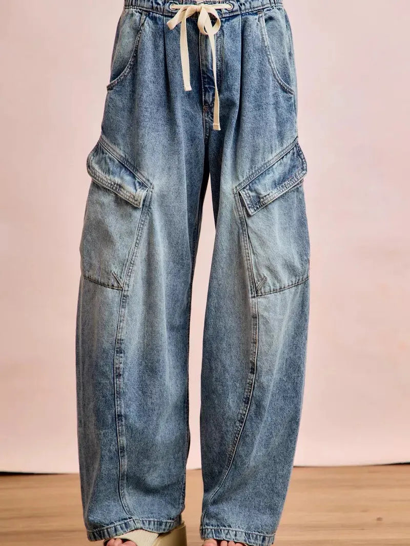 BiBi Cargo Cutie Baggy Barrel Jeans With Cargo Pockets-Women's Pants-Shop Z & Joxa