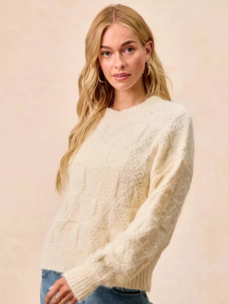 BiBi Checkmate Cozy Ivory Check Pattern Long Sleeve Sweater-Women's Shirts & Tops-Shop Z & Joxa