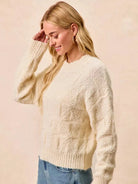 BiBi Checkmate Cozy Ivory Check Pattern Long Sleeve Sweater-Women's Shirts & Tops-Shop Z & Joxa