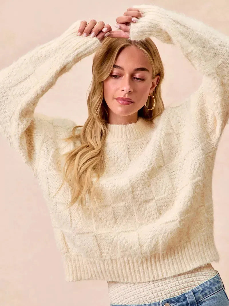 BiBi Checkmate Cozy Ivory Check Pattern Long Sleeve Sweater-Women's Shirts & Tops-Shop Z & Joxa