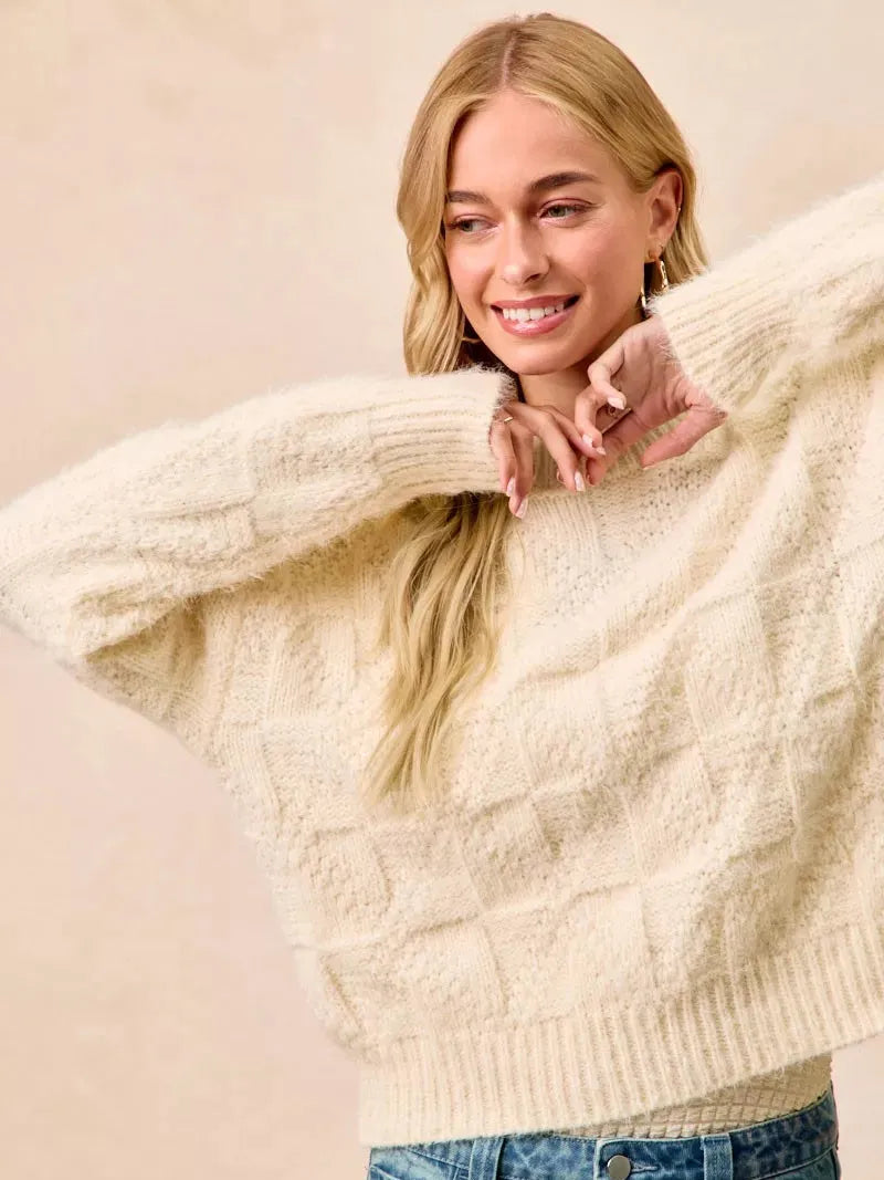 BiBi Checkmate Cozy Ivory Check Pattern Long Sleeve Sweater-Women's Shirts & Tops-Shop Z & Joxa