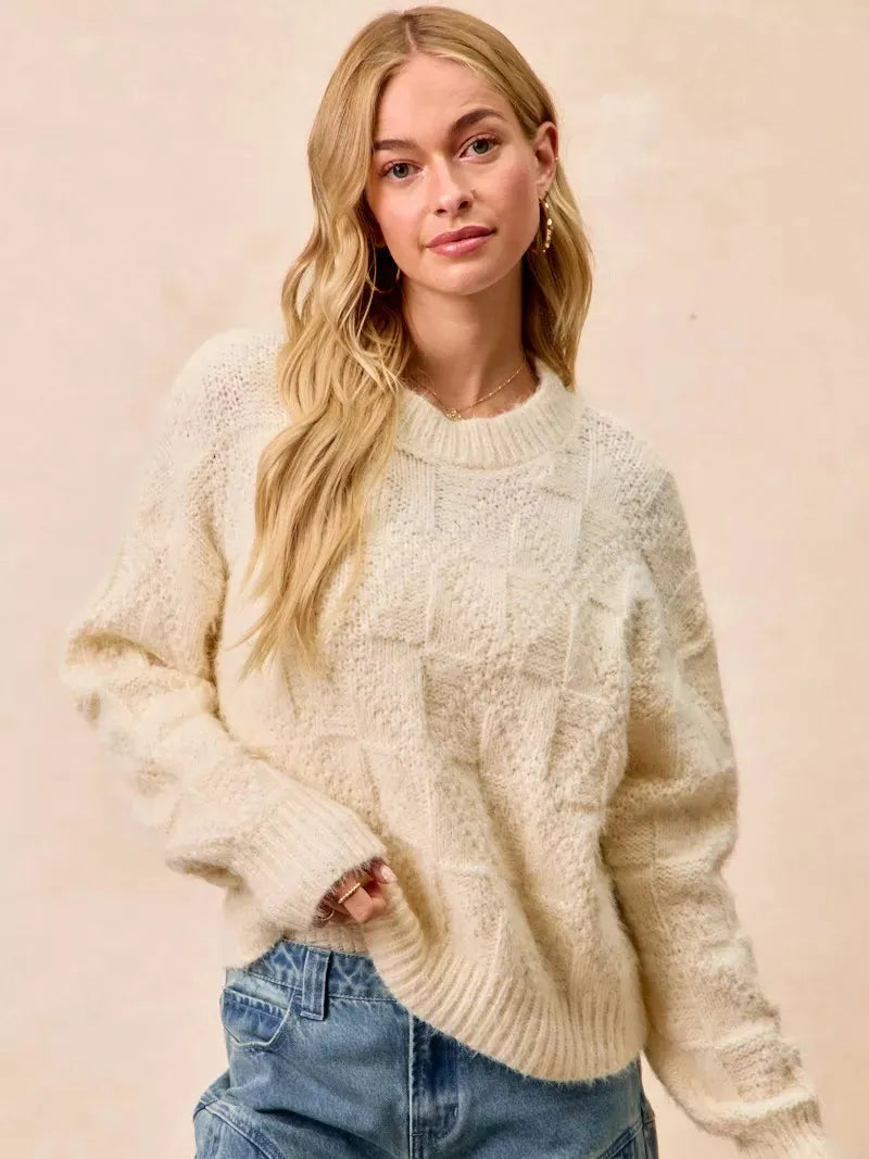 BiBi Checkmate Cozy Ivory Check Pattern Long Sleeve Sweater-Women's Shirts & Tops-Shop Z & Joxa