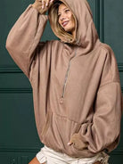 BiBi Cozy Contours Soft Fleece Half Zip Hoodie in Mocha-Women's Shirts & Tops-Shop Z & Joxa