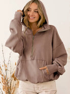 BiBi Cozy Contours Soft Fleece Half Zip Hoodie in Mocha-Women's Shirts & Tops-Shop Z & Joxa