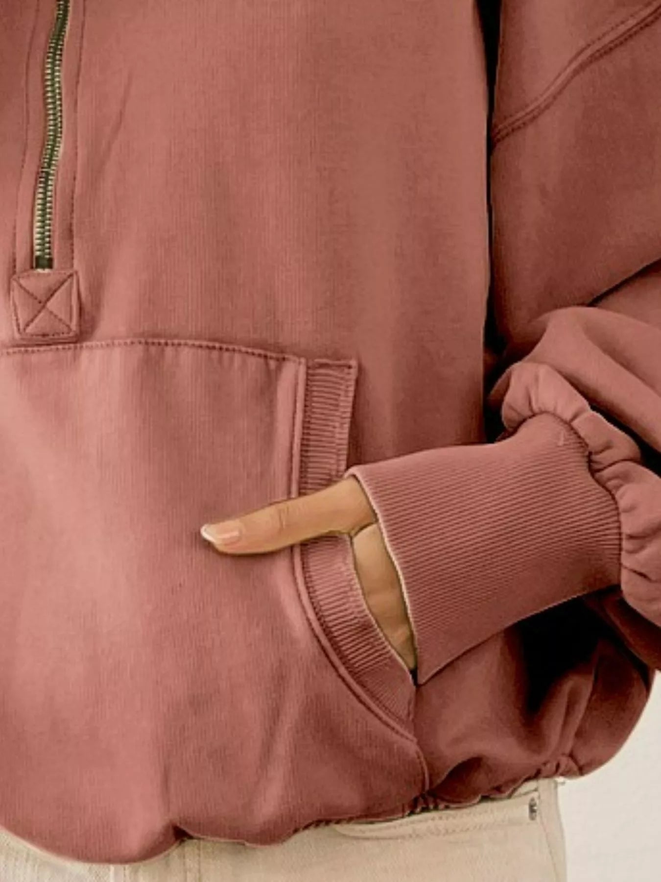 BiBi Cozy Contours Soft Fleece Half Zip Hoodie in Terracotta-Women's Shirts & Tops-Shop Z & Joxa