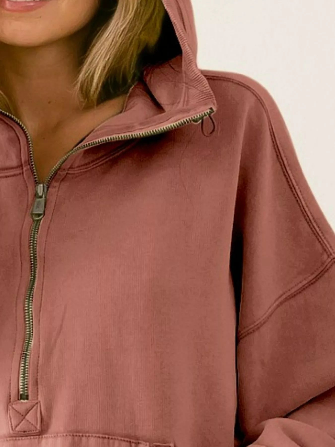 BiBi Cozy Contours Soft Fleece Half Zip Hoodie in Terracotta-Women's Shirts & Tops-Shop Z & Joxa