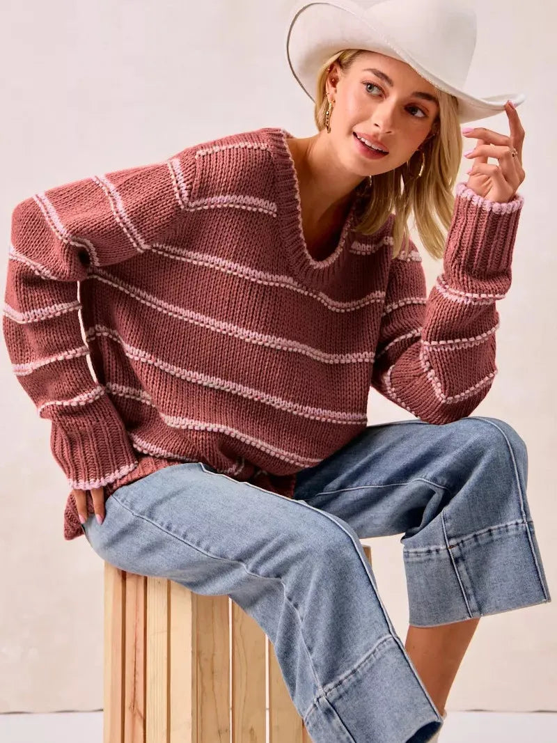 BiBi Cozy Lineup Striped Long Sleeve Knit Sweater-Women's Shirts & Tops-Shop Z & Joxa